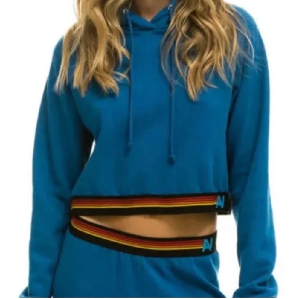 Aviator Nation Caribbean Blue Logo Stripe Crop Hoodie Pullover Sweatshirt Sz XS